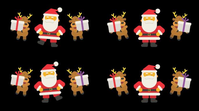 圣诞老人和两只驯鹿在欢快地跳舞。