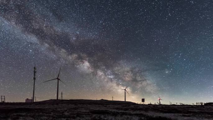 4K银河星空崇礼风车草原天路风光延时