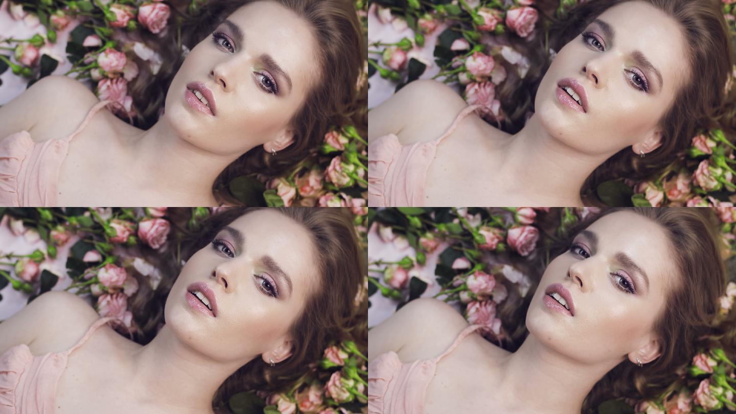 躺在鲜花中的美女高端广告化妆品宣传片