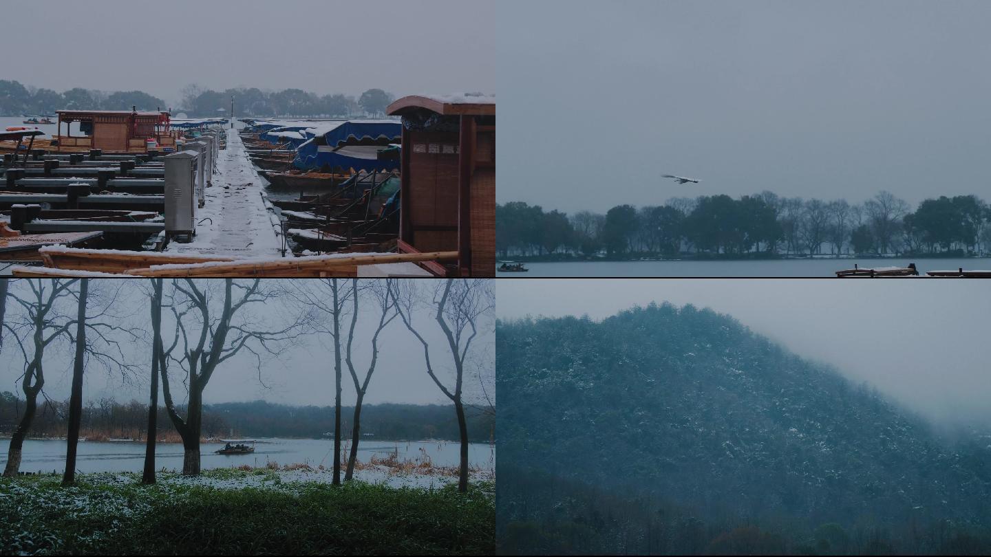 杭州西湖下雪游船飞鸟中国风空镜