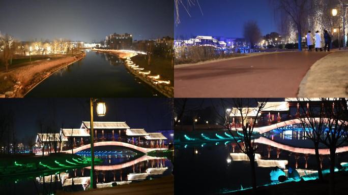 城市水系夜景灯光秀行人休闲散步