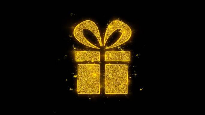 礼品盒礼物图标在黑色背景上激发粒子。