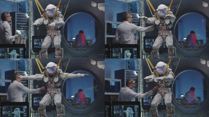 宇航员在吊带上移动四肢