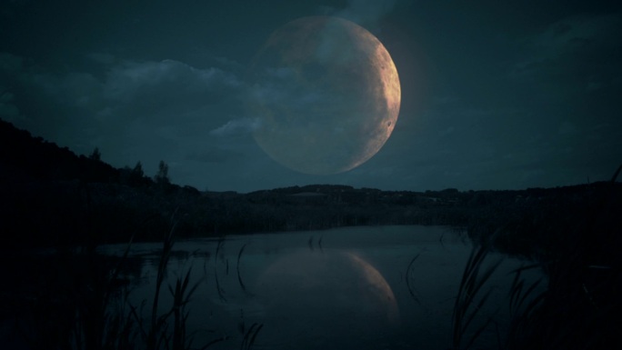 湖上的大月亮。傍晚漆黑夜色月色户外天黑