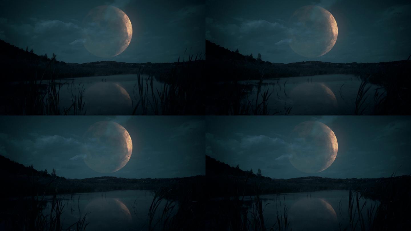 湖上的大月亮。傍晚漆黑夜色月色户外天黑