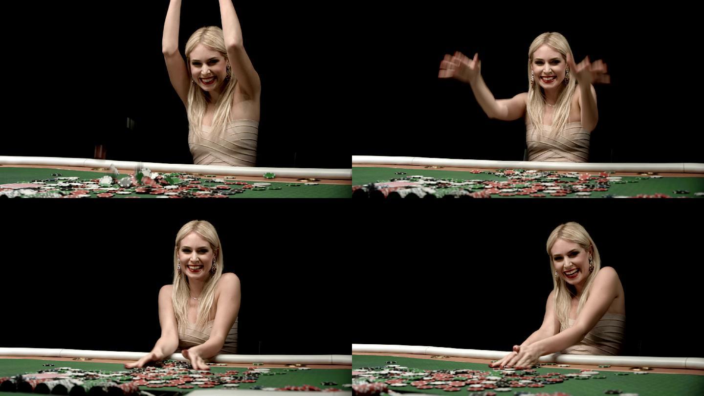兴奋的女人扔筹码博彩赌博