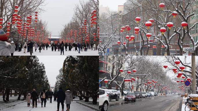 大雪中的过年气氛，街道上车辆行人川流不息