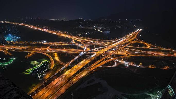 重庆南岸区弹子石盘龙立交全景夜景延时