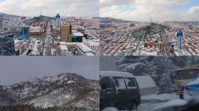 山东威海城市暴雪天航拍地面空镜头