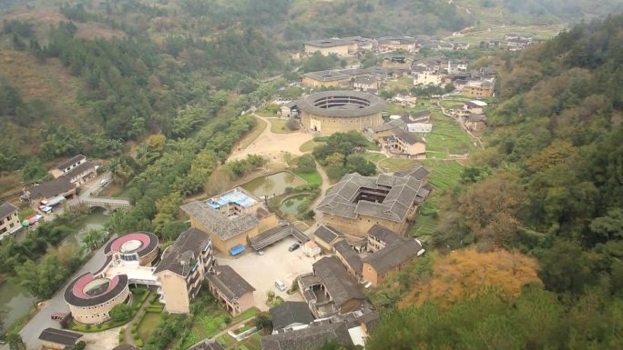 福建洪坑村土楼群高清航拍全景