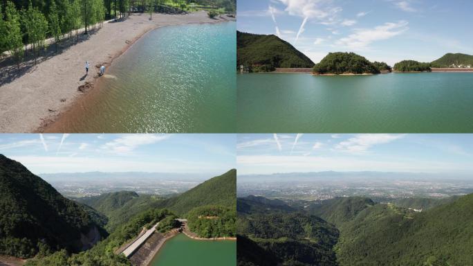 航拍金华北山双龙风景区鹿田水库沙滩