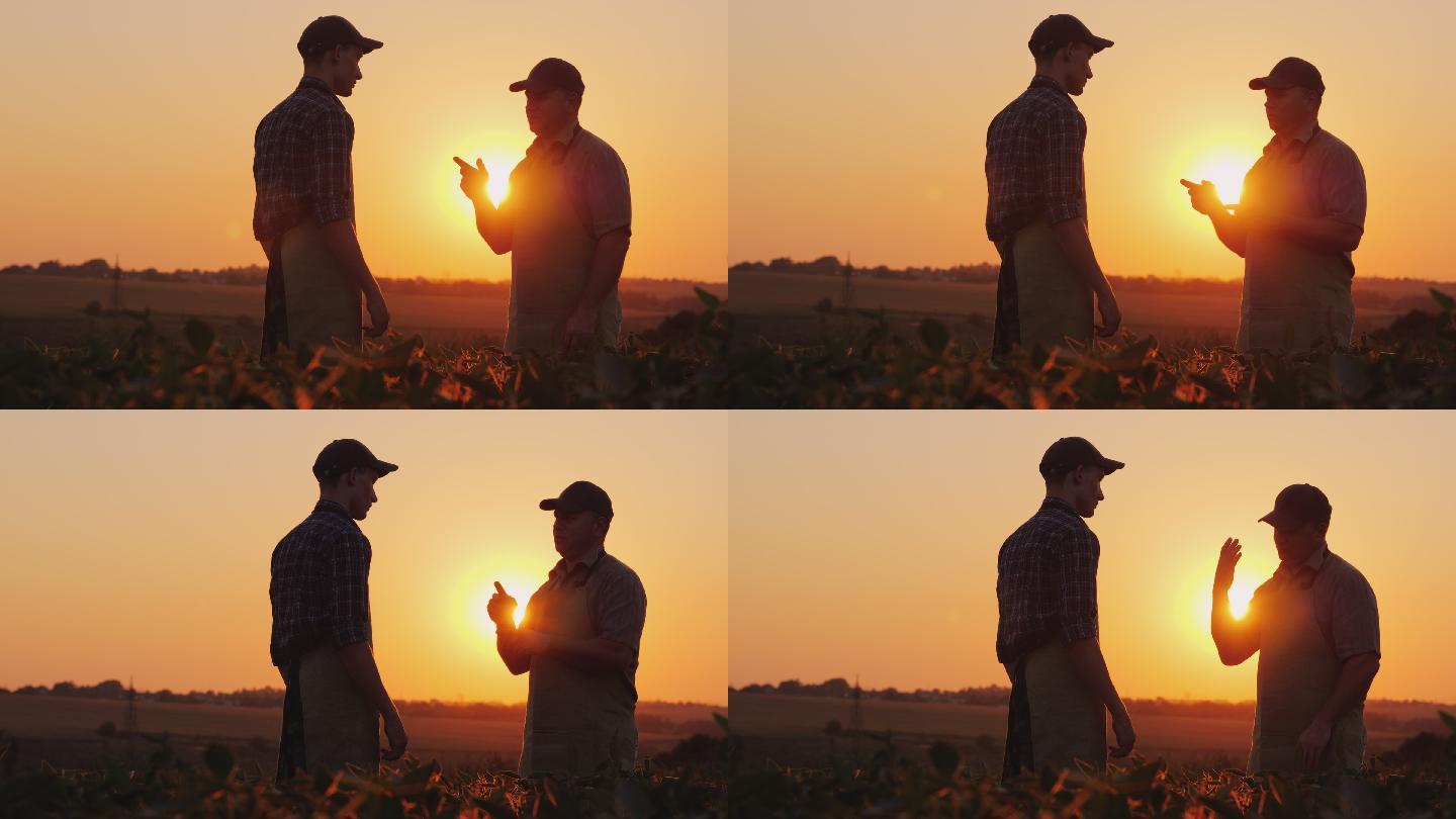 日落时分，两位农民在田地上握手