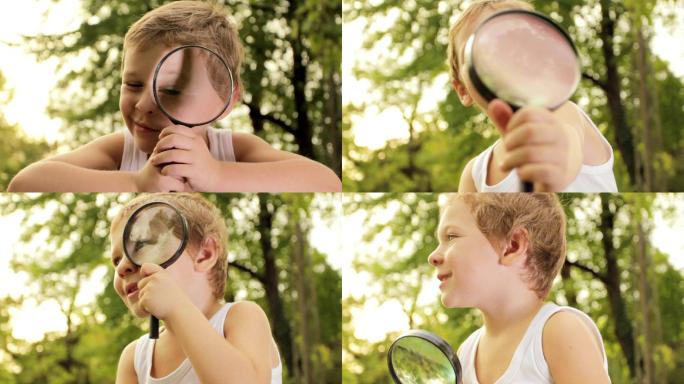 小男孩用放大镜探索大自然