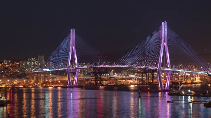 韩国釜山五颜六色的桥之夜城市景观全景