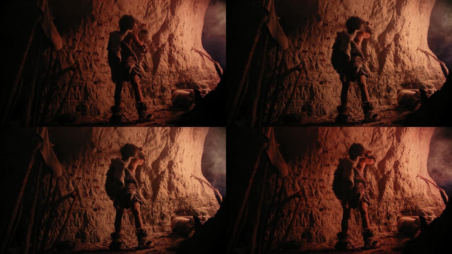 第一个洞穴艺术野人在洞穴石头刻画原始人