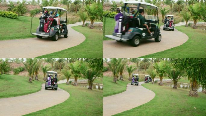 暑假期间朋友们在俱乐部开高尔夫球车。