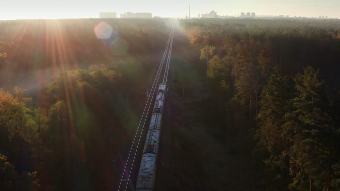 电动通勤列车穿过秋天的森林。