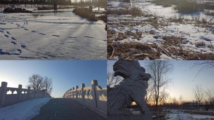 雪后夕阳残雪冬天公园小河结冰残雪夕阳红