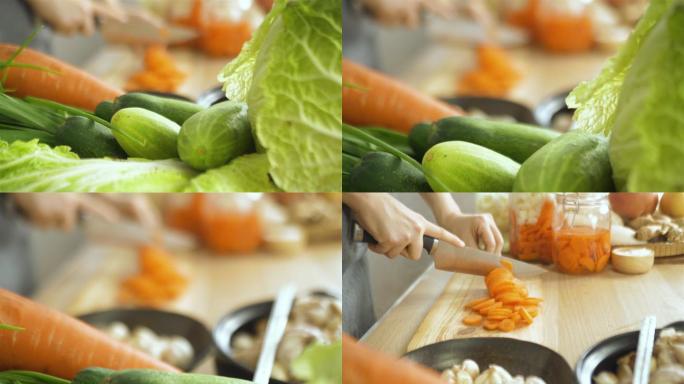 切割蔬菜和烹饪泡菜的女性。