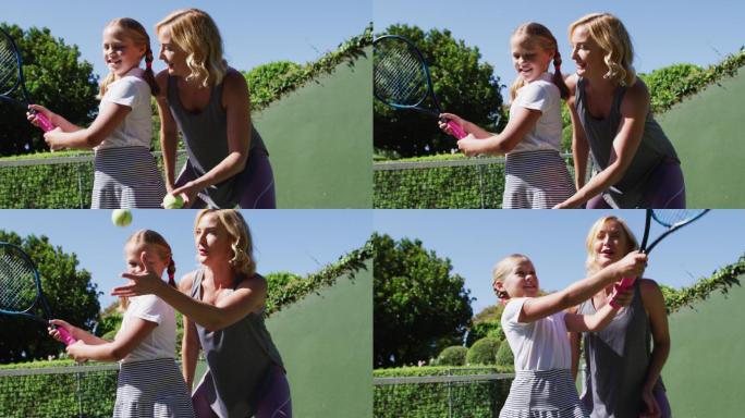 母亲教女儿打网球母爱亲情兴趣培养