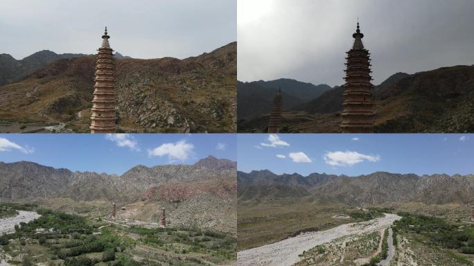 4K素材：航拍宁夏贺兰山拜寺口双塔