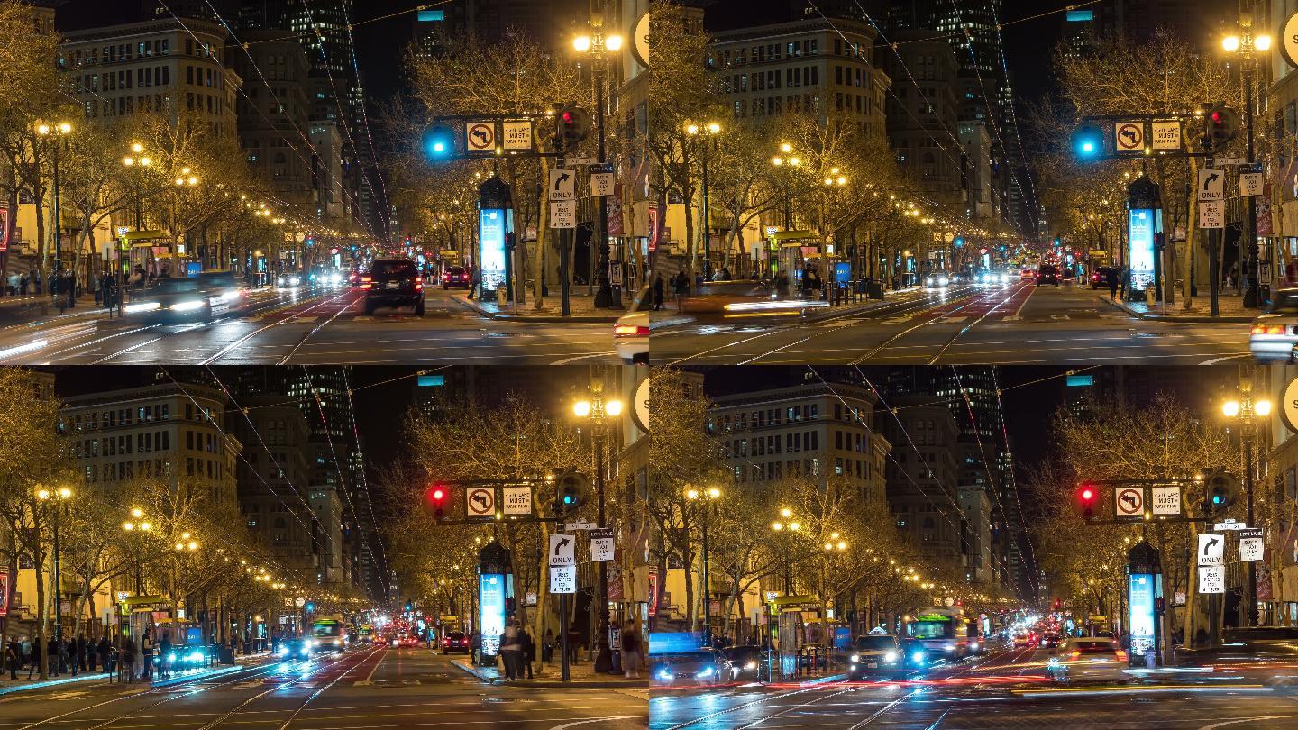 旧金山市中心城市街道延时夜晚车流延时车来