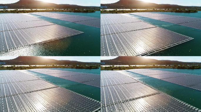 在蓝色池塘中的太阳能电池板