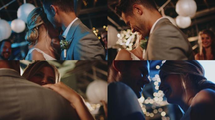 浪漫的新婚夫妇在婚礼上跳舞的特写镜头