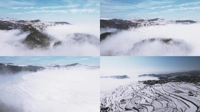 4k航拍山脉上的小镇平流雾