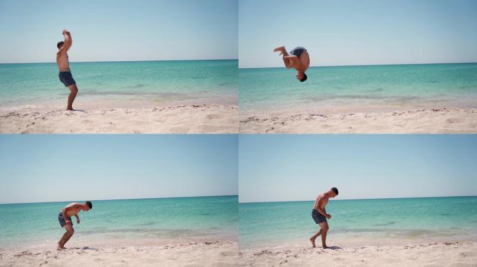 运动型男子在海滩上做后空翻。