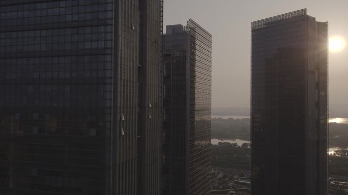 南京夹江大桥大厦日落特写航拍空镜