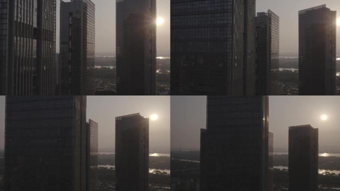 南京夹江大桥大厦日落特写航拍空镜