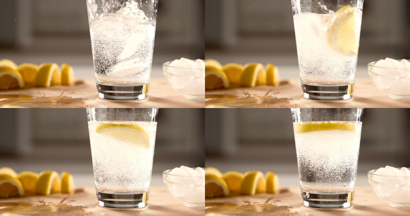 柠檬冰汽水特写。