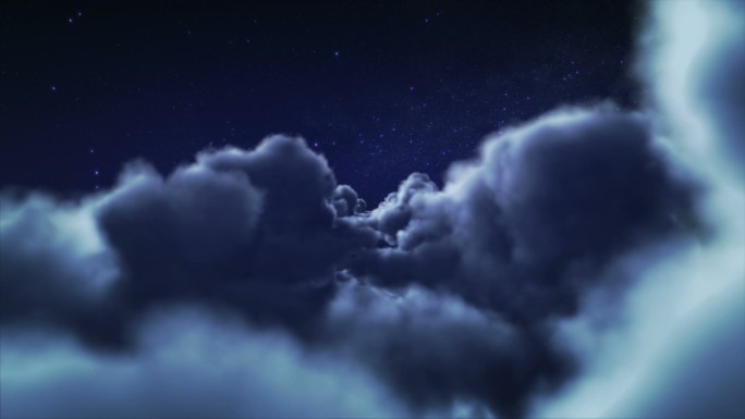 在夜晚穿越云层。高空流动星空