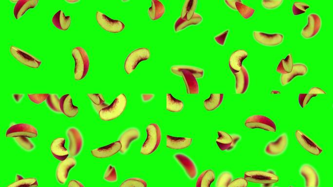 切片桃子落在绿色屏幕上