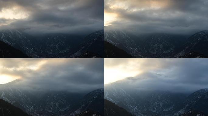 高山峡谷山边日出云雾奔腾延时摄影素材