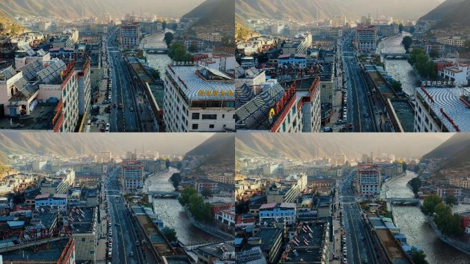 甘南藏族自治州夏河县拉卜楞寺清晨日出航拍