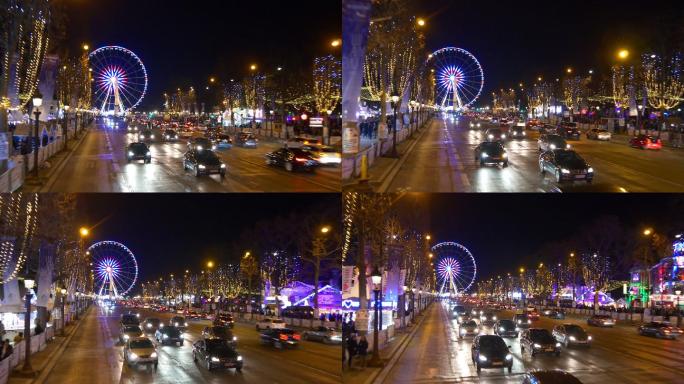 法国巴黎夜间全景城市航拍宣传灯火建筑群摩