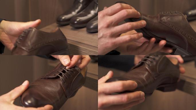 男性客户在购买棕色皮鞋的特写镜头。