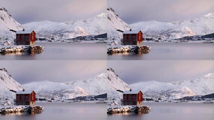 阳光下的雪景大雪覆盖白雪皑皑湖边木屋