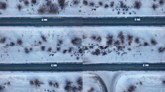 【正版素材】新疆雪地公路自驾俯拍