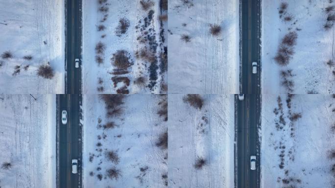 【正版素材】新疆雪地公路自驾俯拍