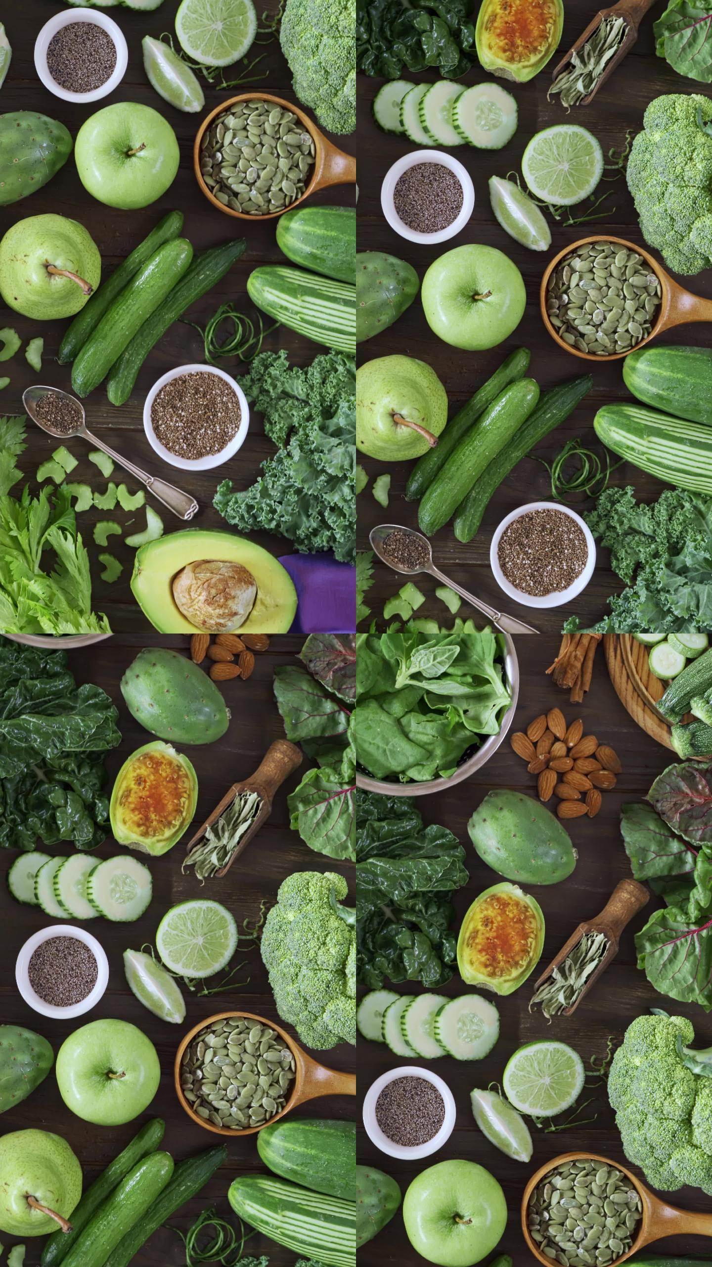 桌上摆满了绿色水果和蔬菜