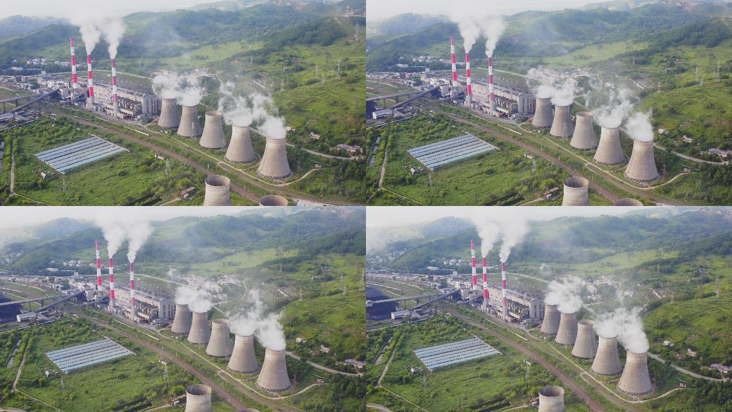 燃煤发电厂和冷却塔管道鸟瞰图