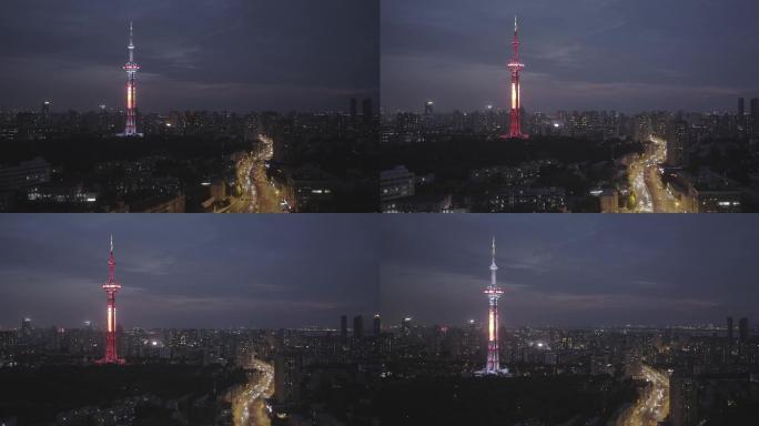 南京电视塔夜景大景空境航拍