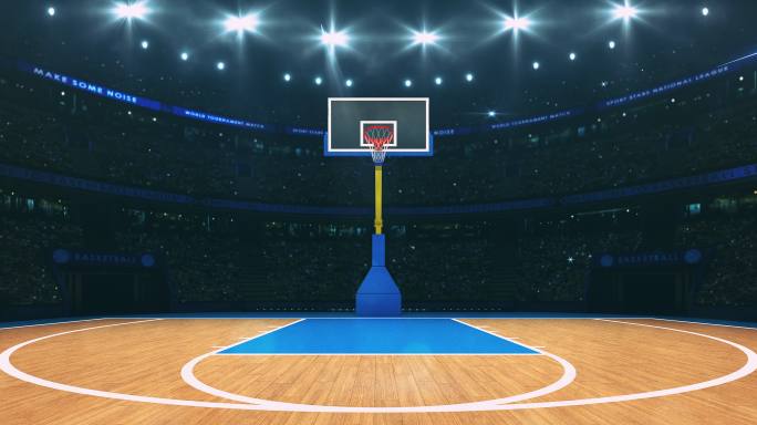 聚光灯在篮球场三维动画半场空镜头观众拍照
