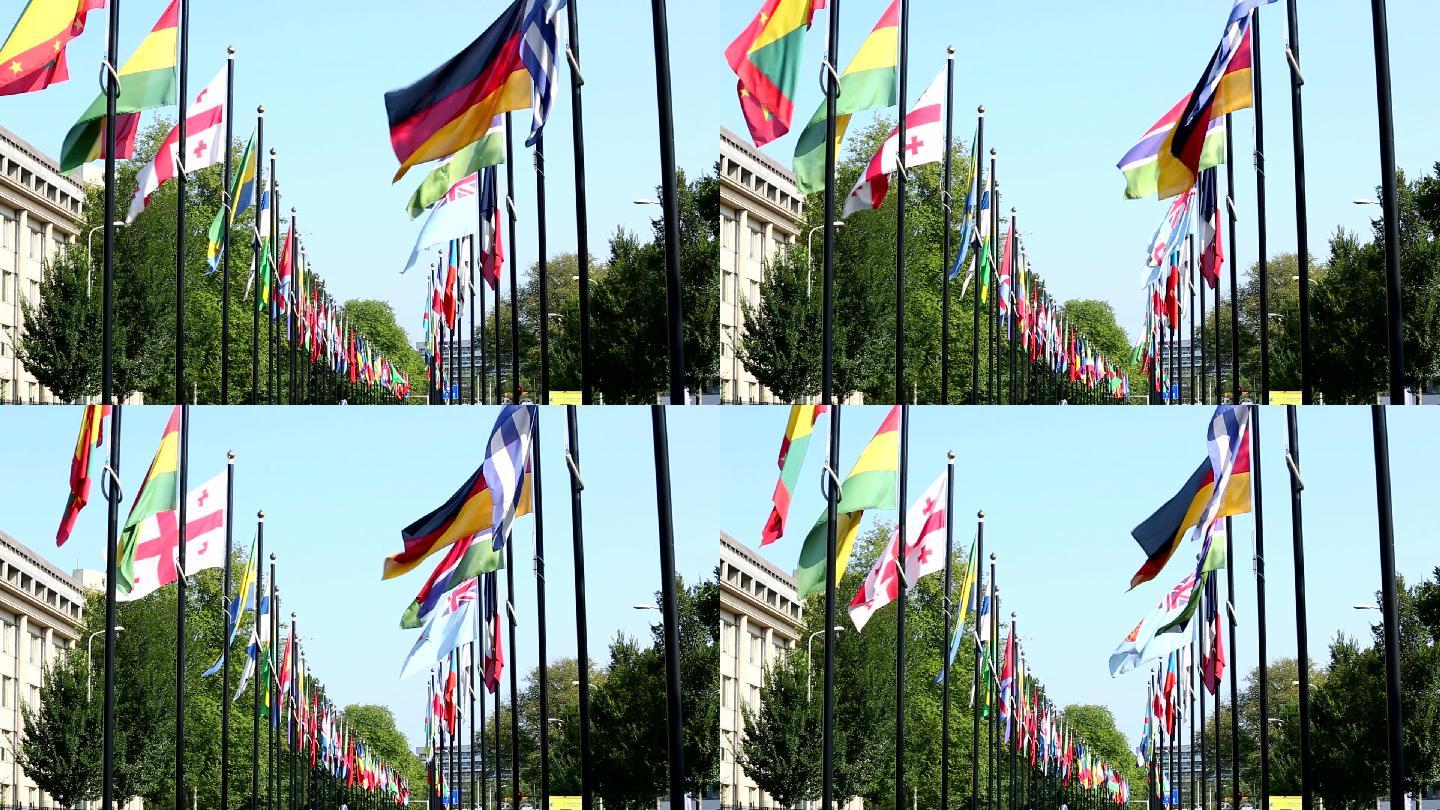 街道上的各个国家的旗帜