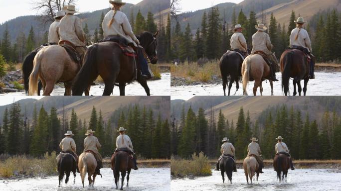 牛仔和女牛仔骑马过河