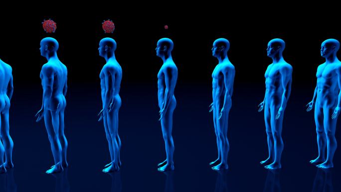 冠状病毒社交距离蓝色人体模型男人出队队形