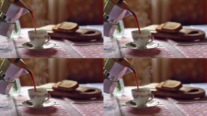 咖啡倒进杯子的超慢动作。